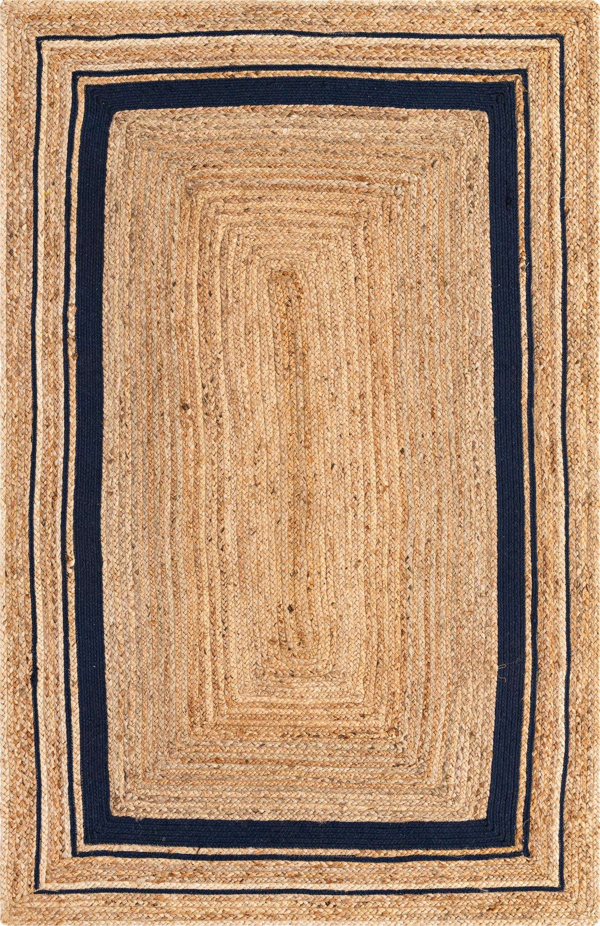 Rechteck Handgeflochten Teppich Braided Jute in Natur und Dunkelblau von Hadorn™ - Lifestyle Image