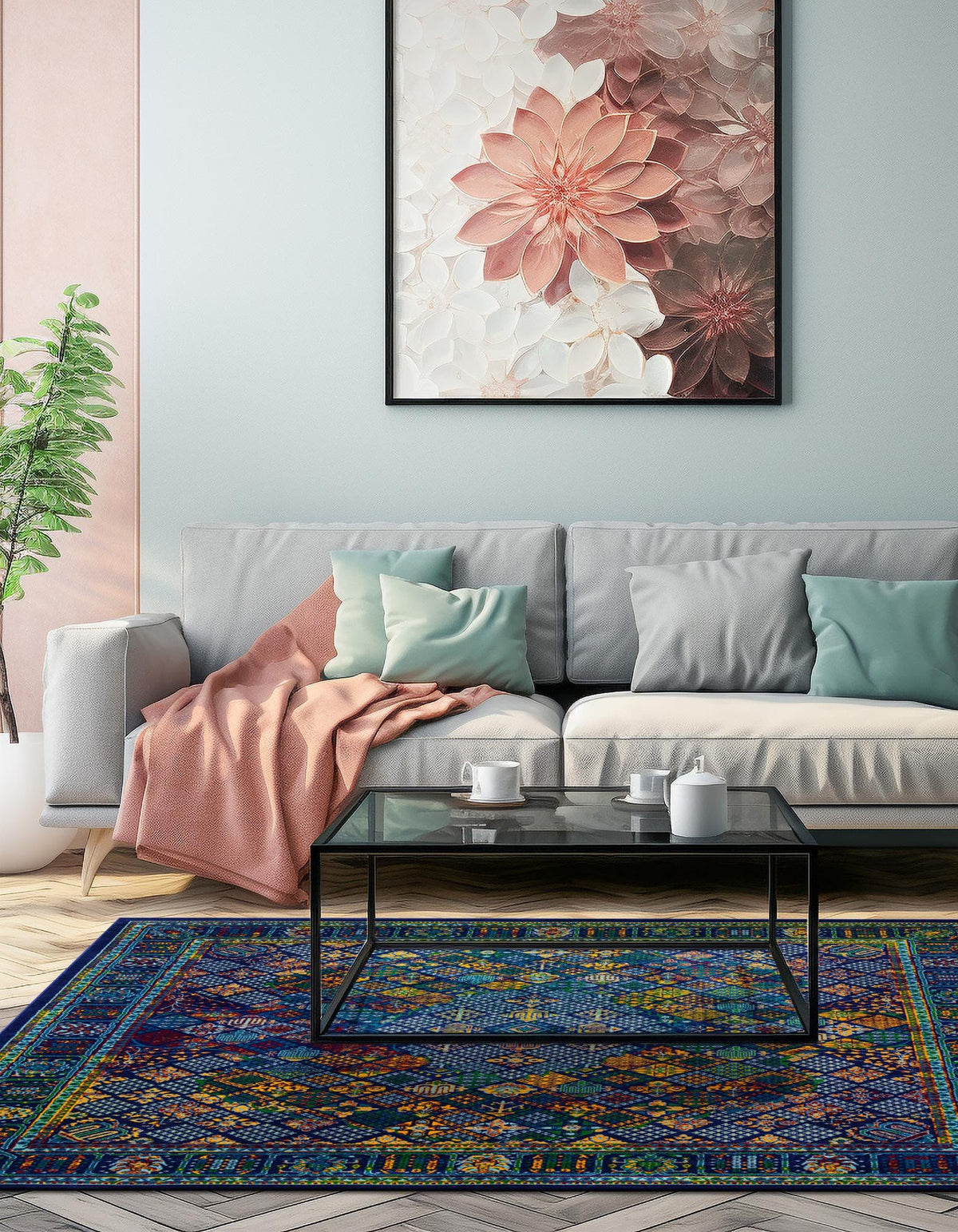 Quadratisch Teppich Calypso in Marineblau von Hadorn™ - Lifestyle Image